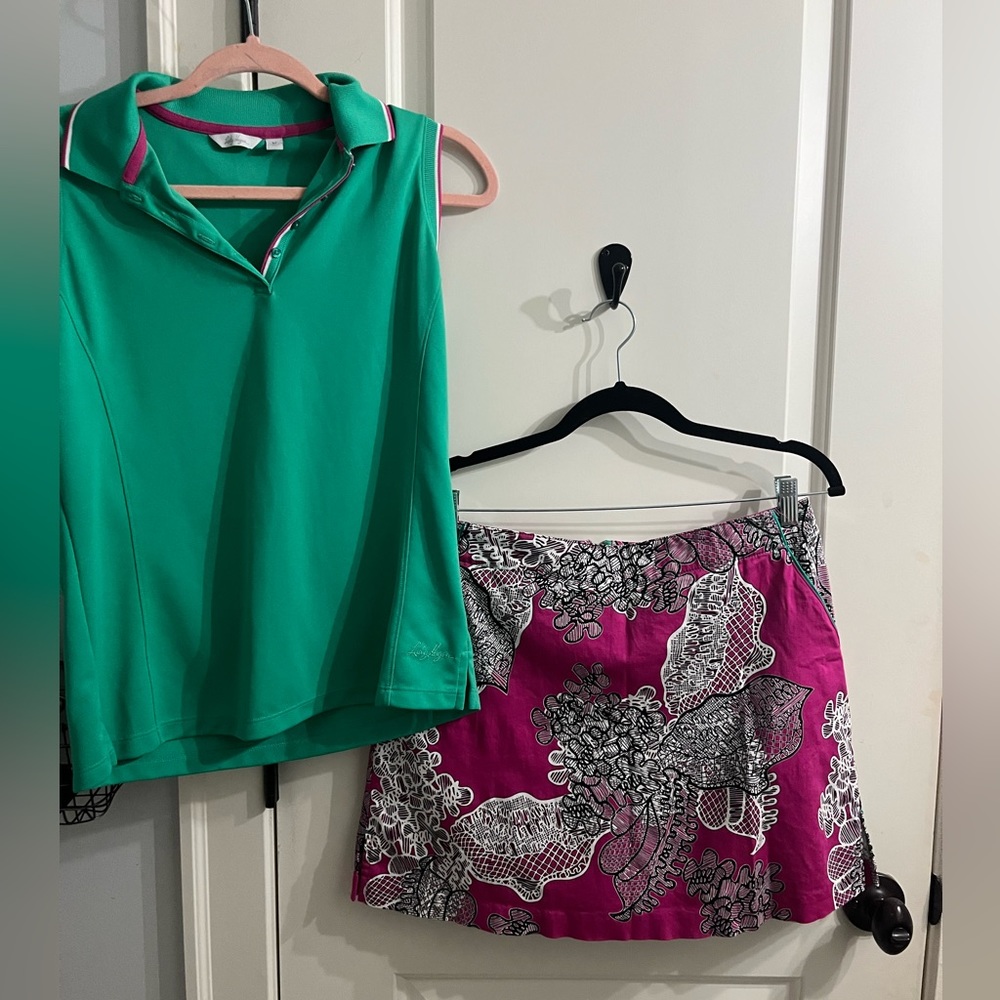 Green Collared Sleeveless Shirt with Magenta Skirt Golf Set!